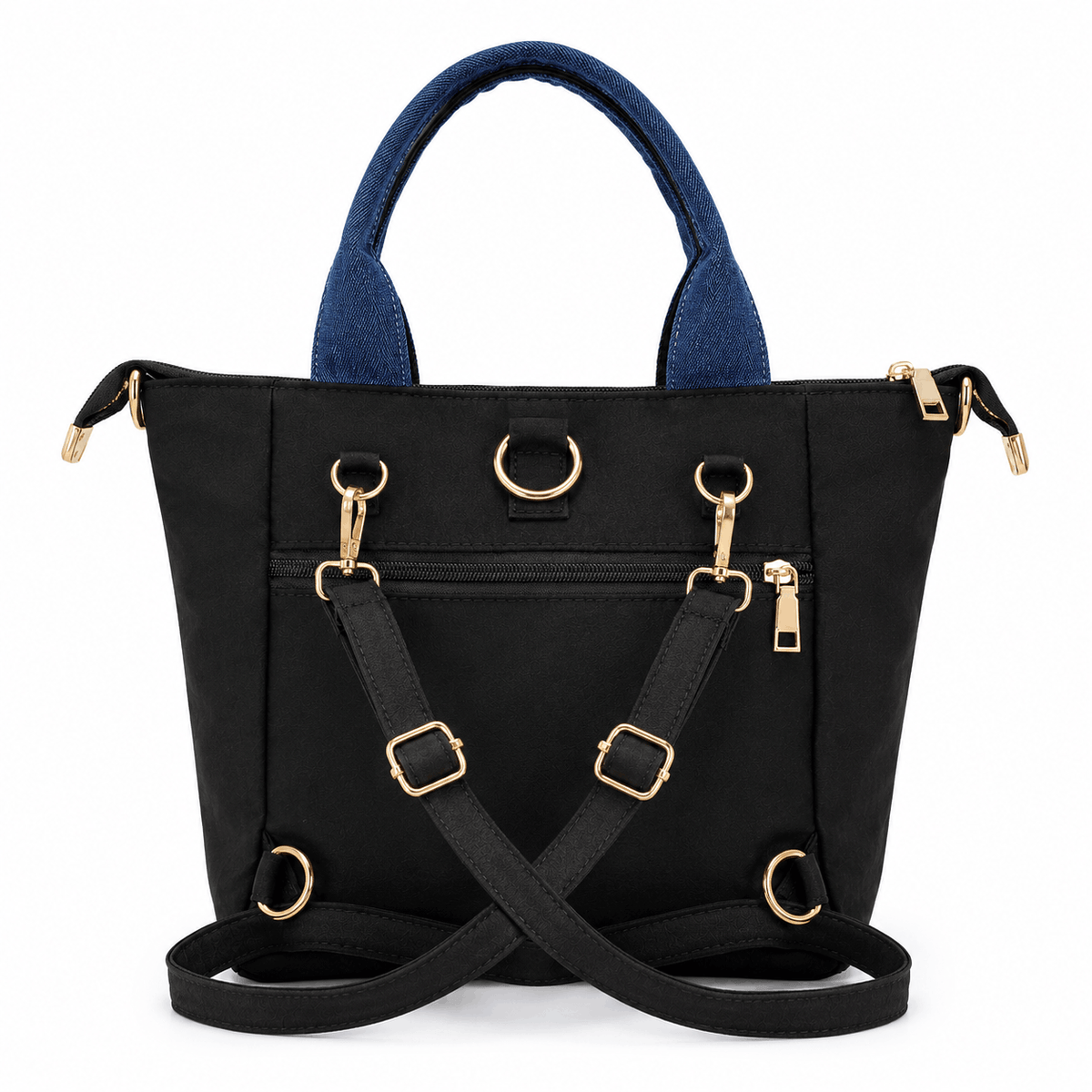 Back view of black convertible denim skirt tote bag showing backpack conversion hardware