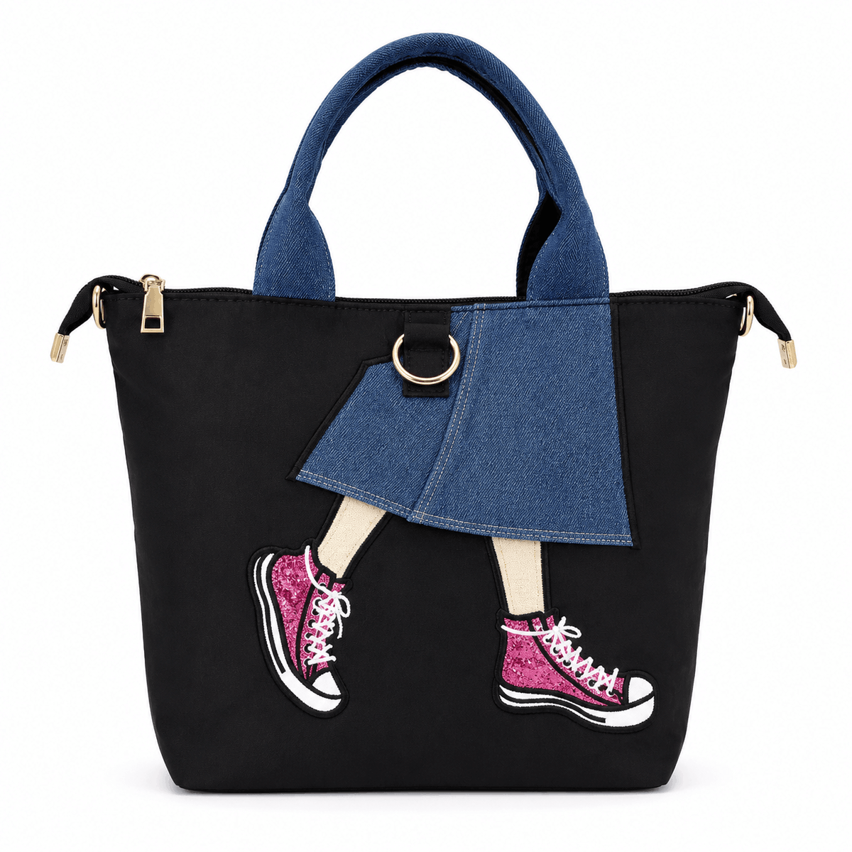 Black denim skirt tote bag with denim handles and pink sequin sneakers front view