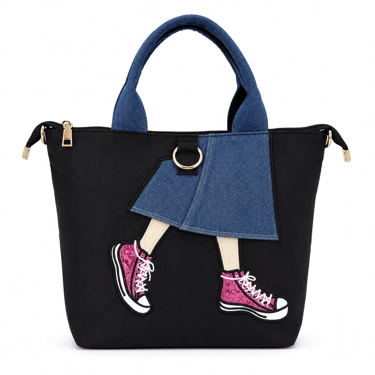 Black denim skirt tote bag with denim handles and pink sequin sneakers front view