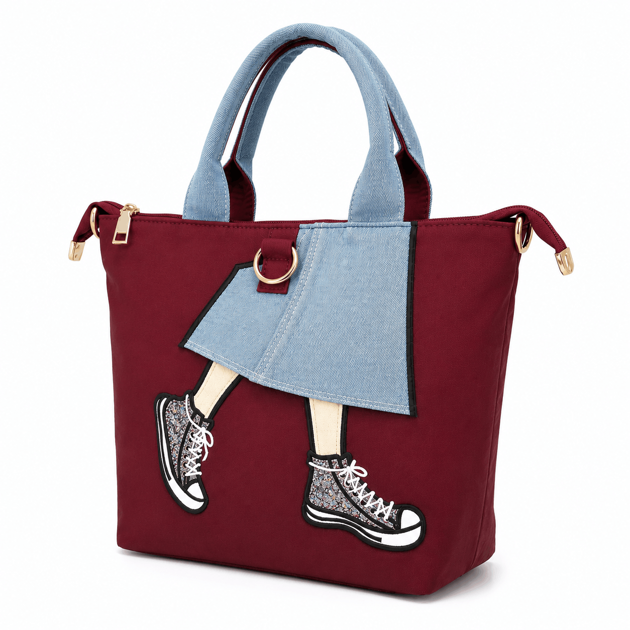 Angled view of burgundy denim skirt tote bag with denim skirt and silver sneaker design