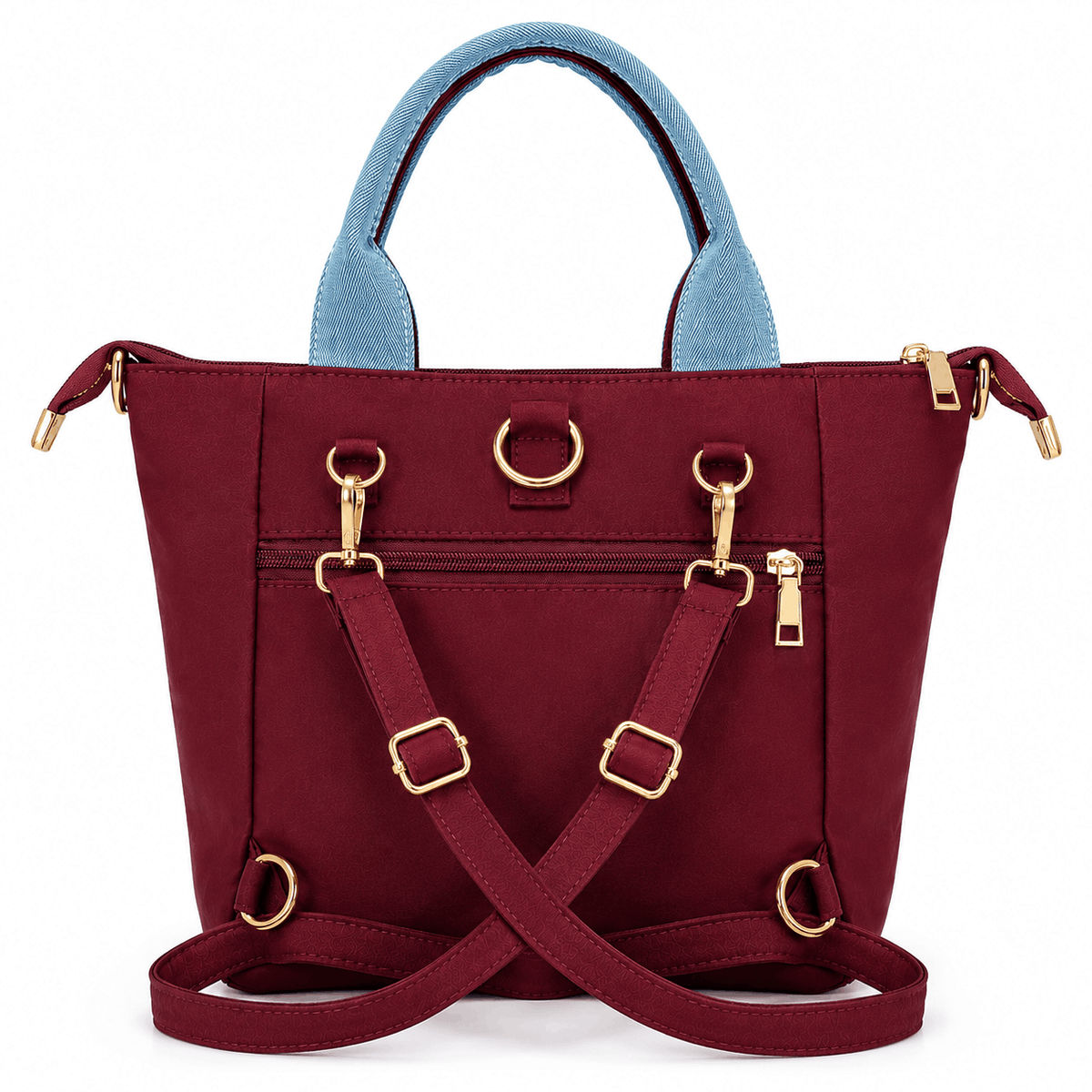Back view of burgundy convertible denim skirt tote bag showing backpack conversion hardware