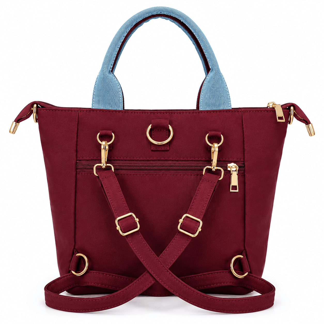 Back view of burgundy convertible denim skirt tote bag showing backpack conversion hardware