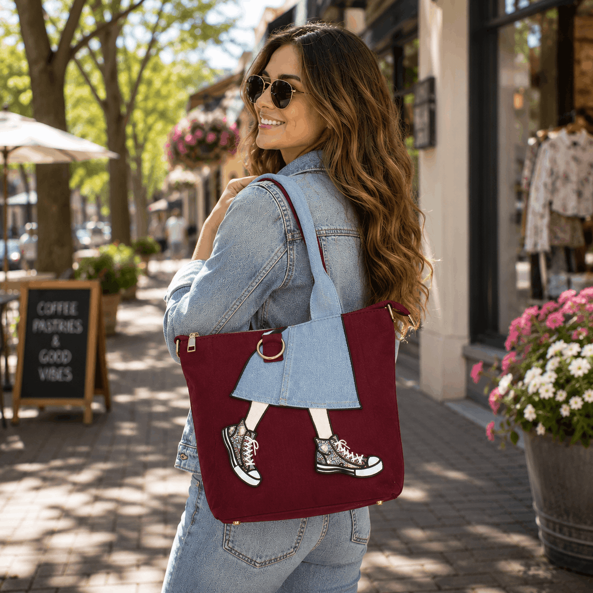 Woman carrying burgundy denim skirt tote bag while walking through a sunny shopping district