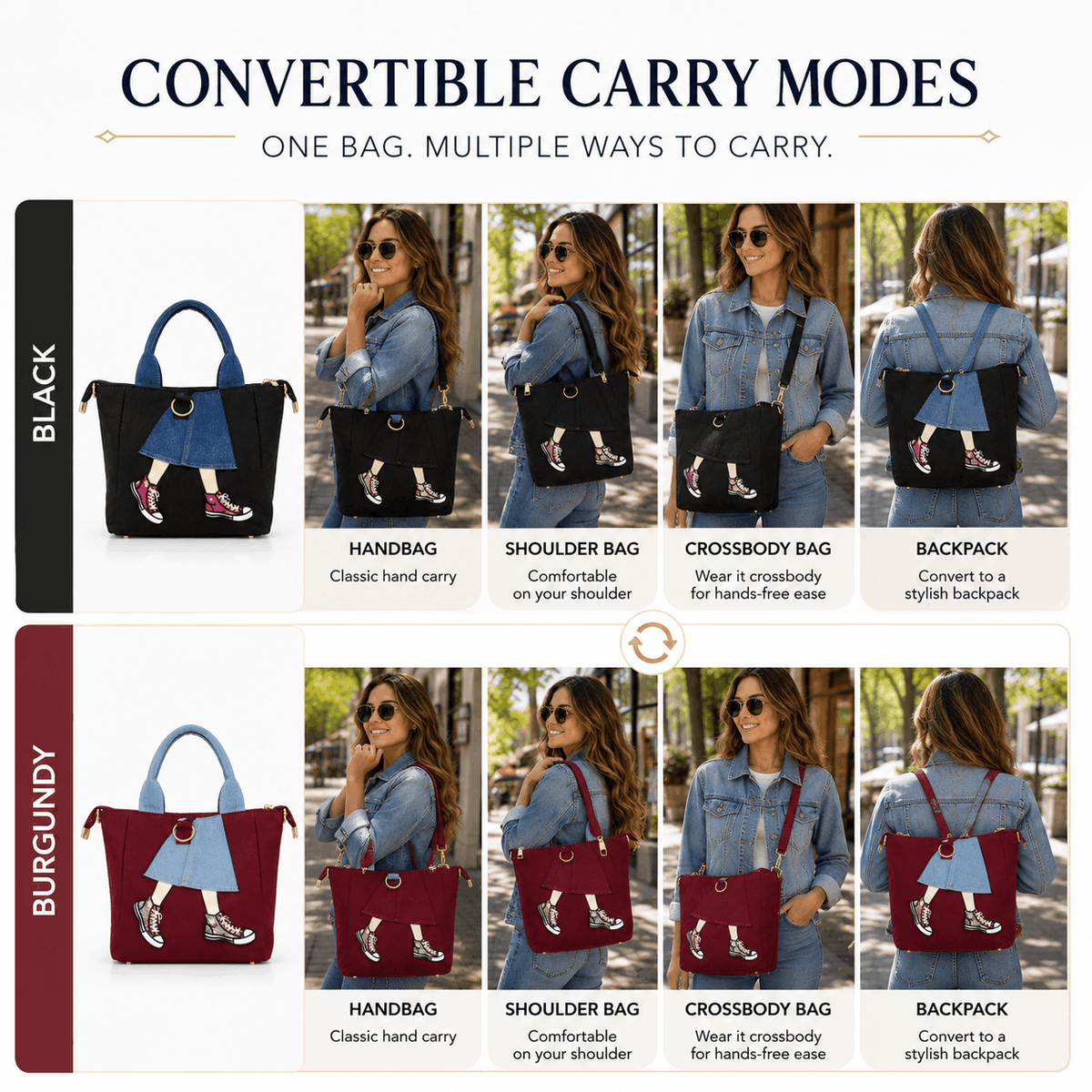 Infographic showing black and burgundy denim skirt tote bag carry modes including handbag, shoulder bag, crossbody, and backpack