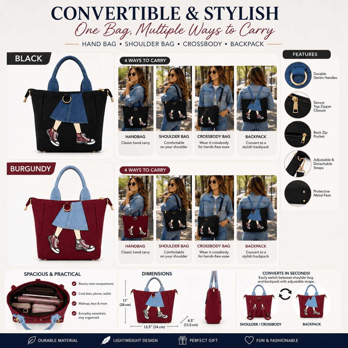 Product infographic showing black and burgundy denim skirt tote bag features, dimensions, storage, and convertible carrying options
