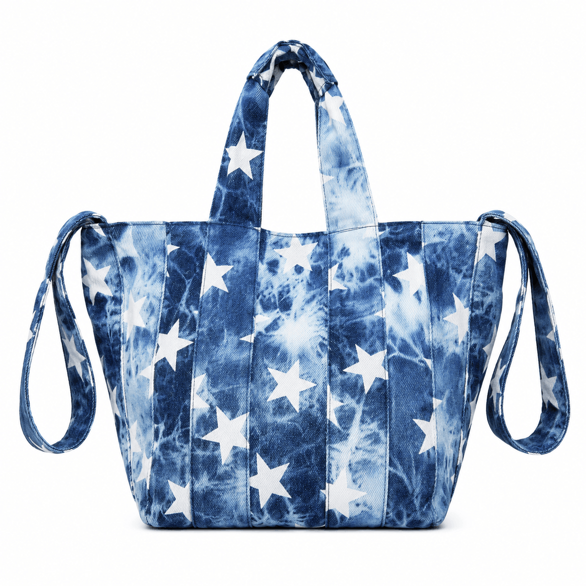 Denim Stars Tote Bag front view with blue tie-dye fabric and white star print