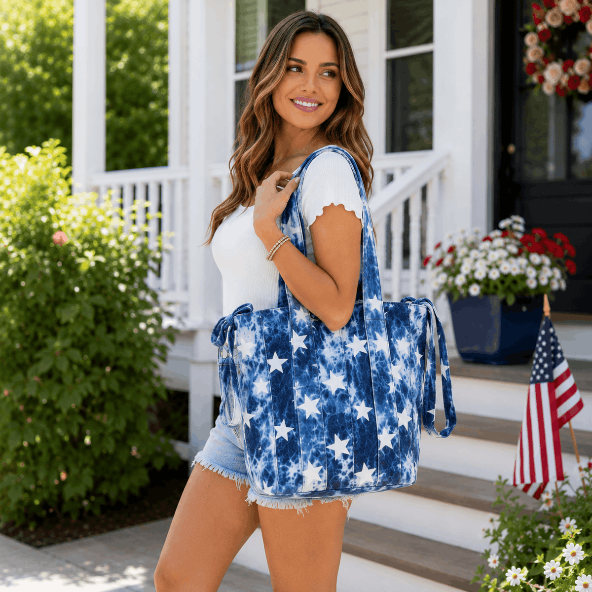 Woman carrying the Denim Stars Tote Bag for everyday casual style