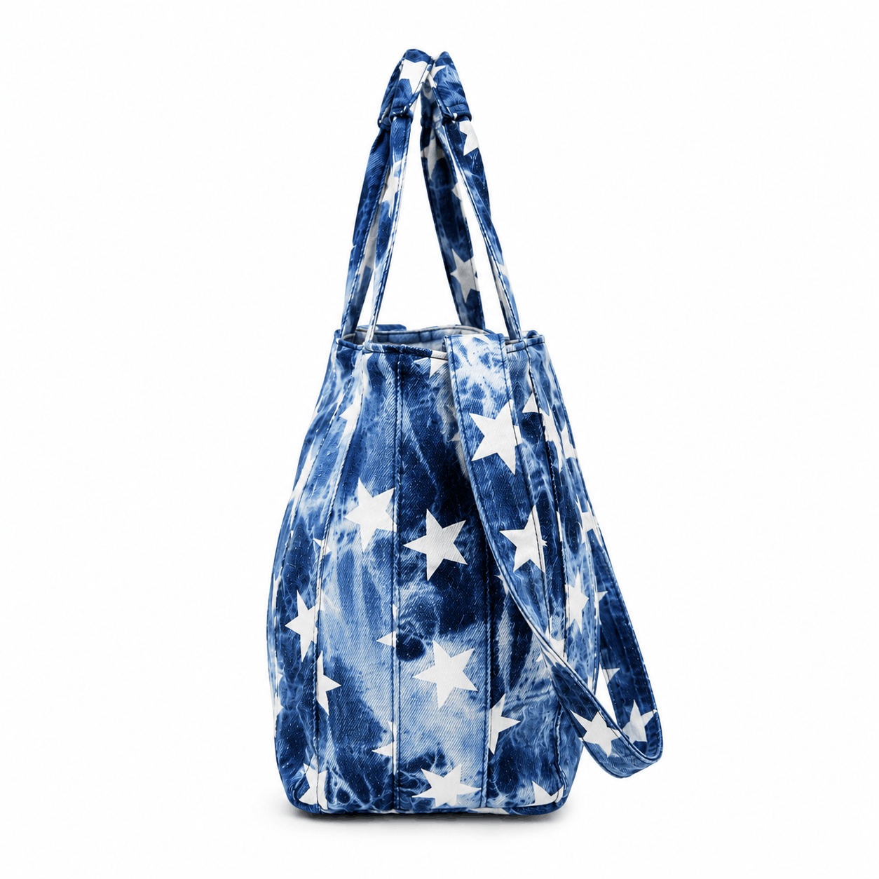 Side view of the Denim Stars Tote Bag showing its roomy profile and shoulder handles