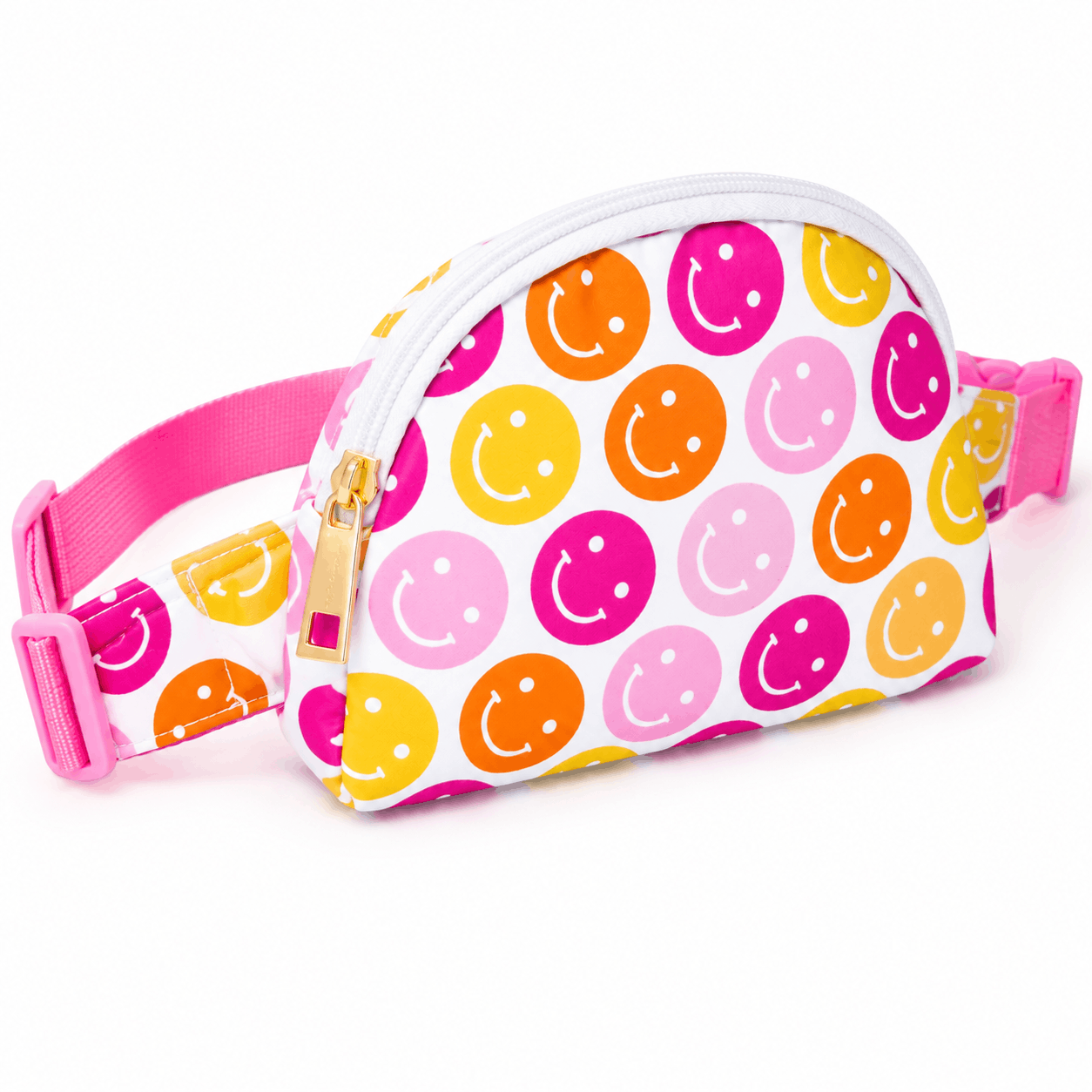 Angled view of the Don't Worry Be Hippy kids belt bag featuring a colorful smiley face print and adjustable strap