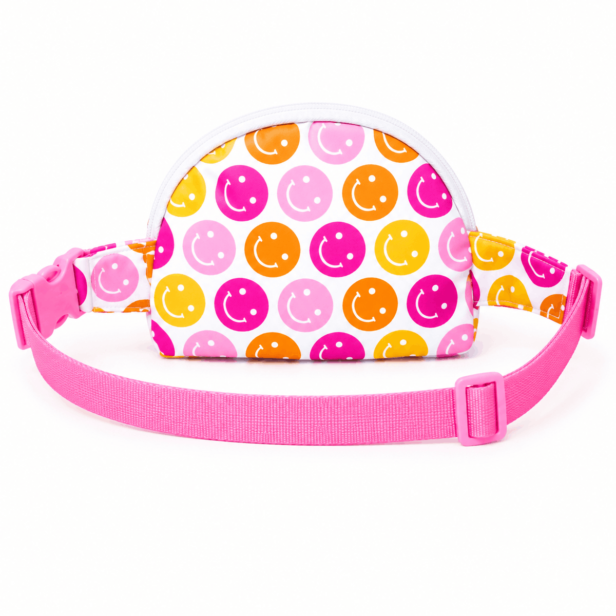 Back view of the Don't Worry Be Hippy kids belt bag showing the adjustable pink waist strap
