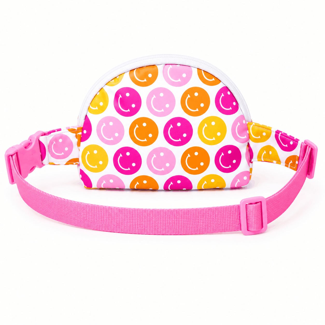 Back view of the Don't Worry Be Hippy kids belt bag showing the adjustable pink waist strap