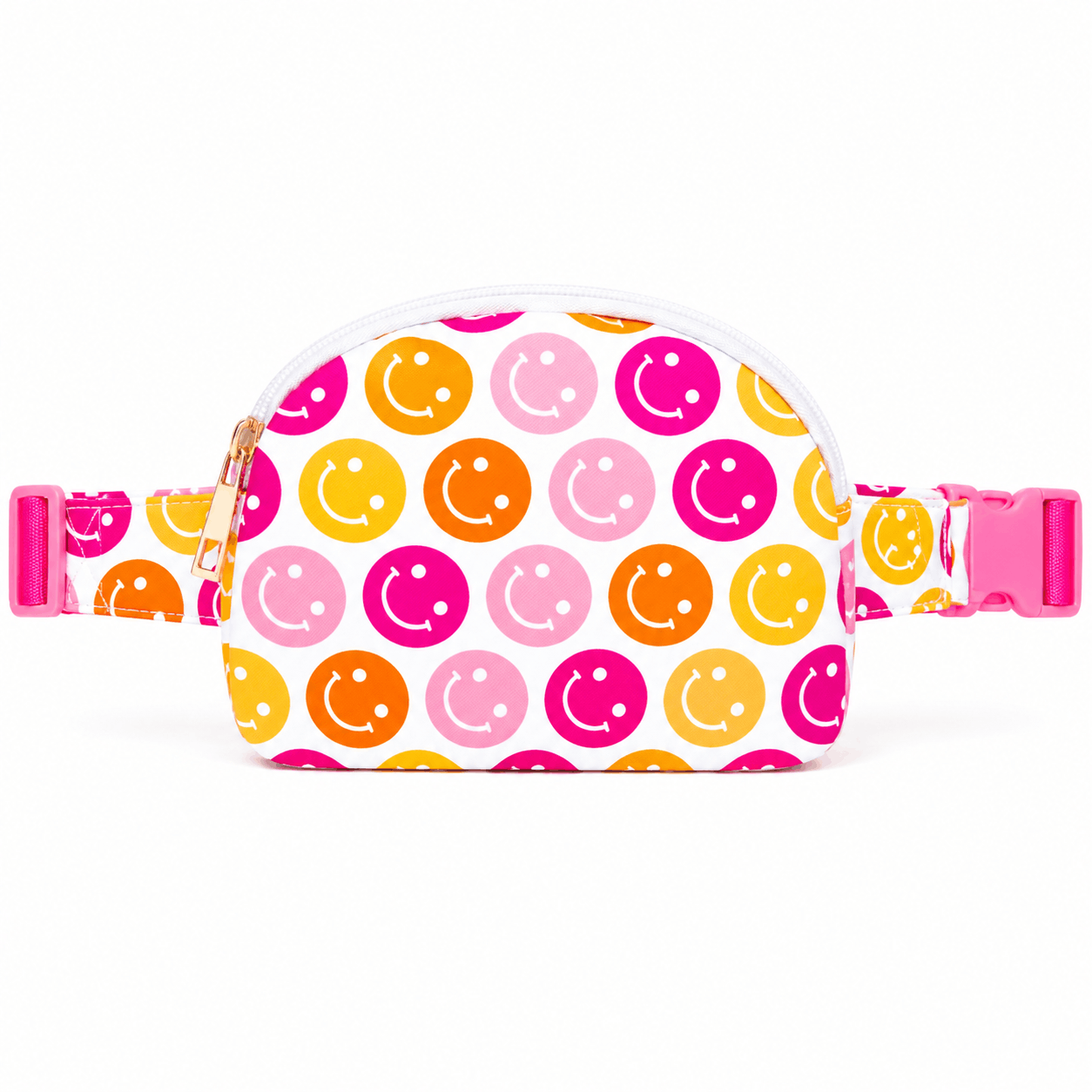 Don't Worry Be Hippy kids belt bag with colorful pink, orange, and yellow smiley face print shown from the front