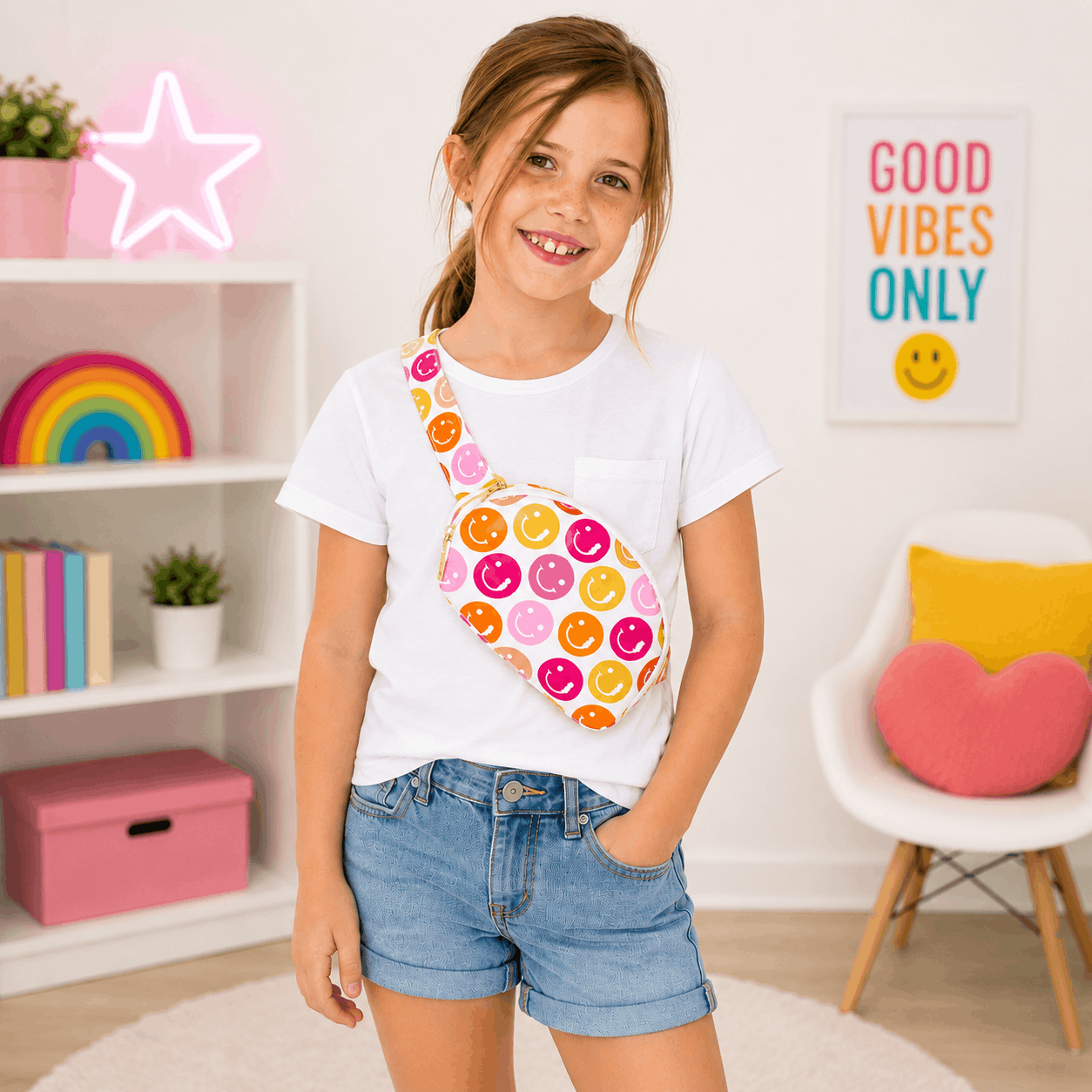 Child wearing the Don't Worry Be Hippy smiley face belt bag as a crossbody bag for everyday adventures