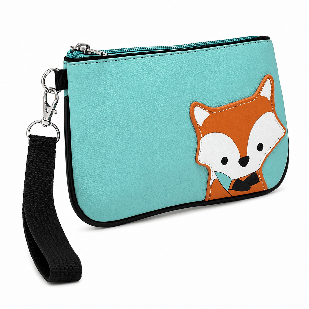 Angled view of a teal fox wristlet showing its textured vinyl exterior, fox applique, zipper, and wrist strap.
