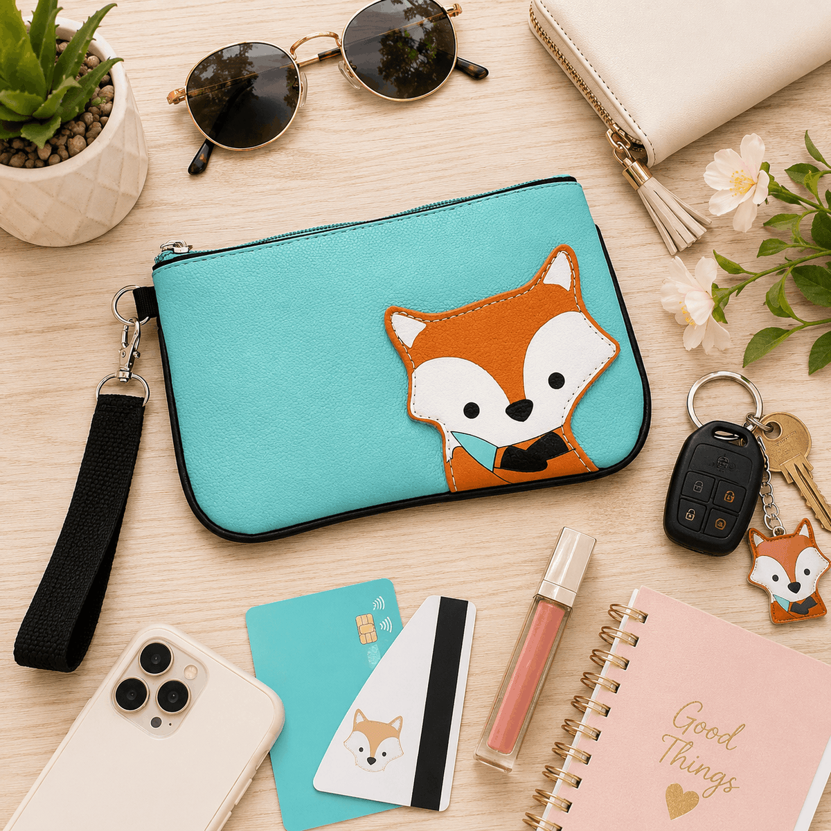 Flat lay of a teal fox wristlet surrounded by a phone, sunglasses, keys, cards, flowers, and everyday essentials.