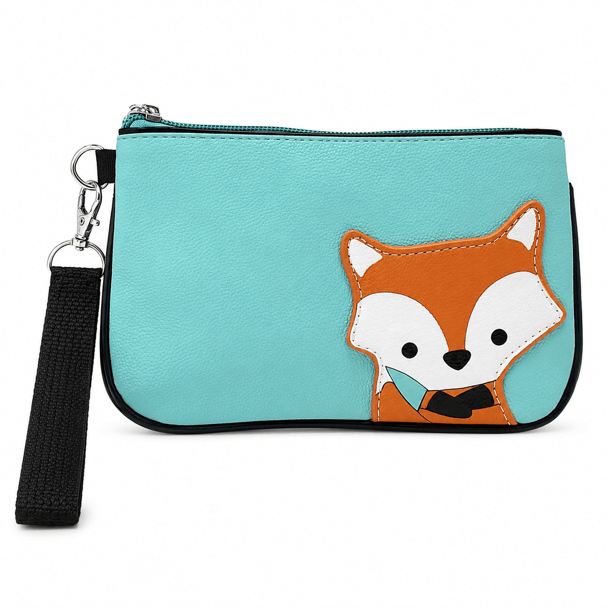 Front view of a teal fox wristlet with a cute fox design, secure zipper closure, and detachable black wrist strap.