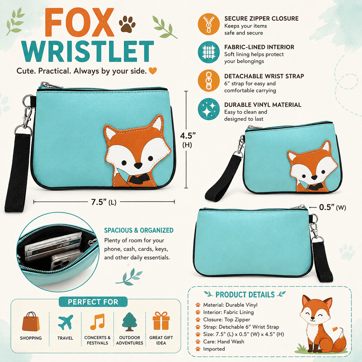 Fox Wristlet infographic showing its dimensions, durable vinyl, fabric-lined interior, secure zipper, and detachable wrist strap.