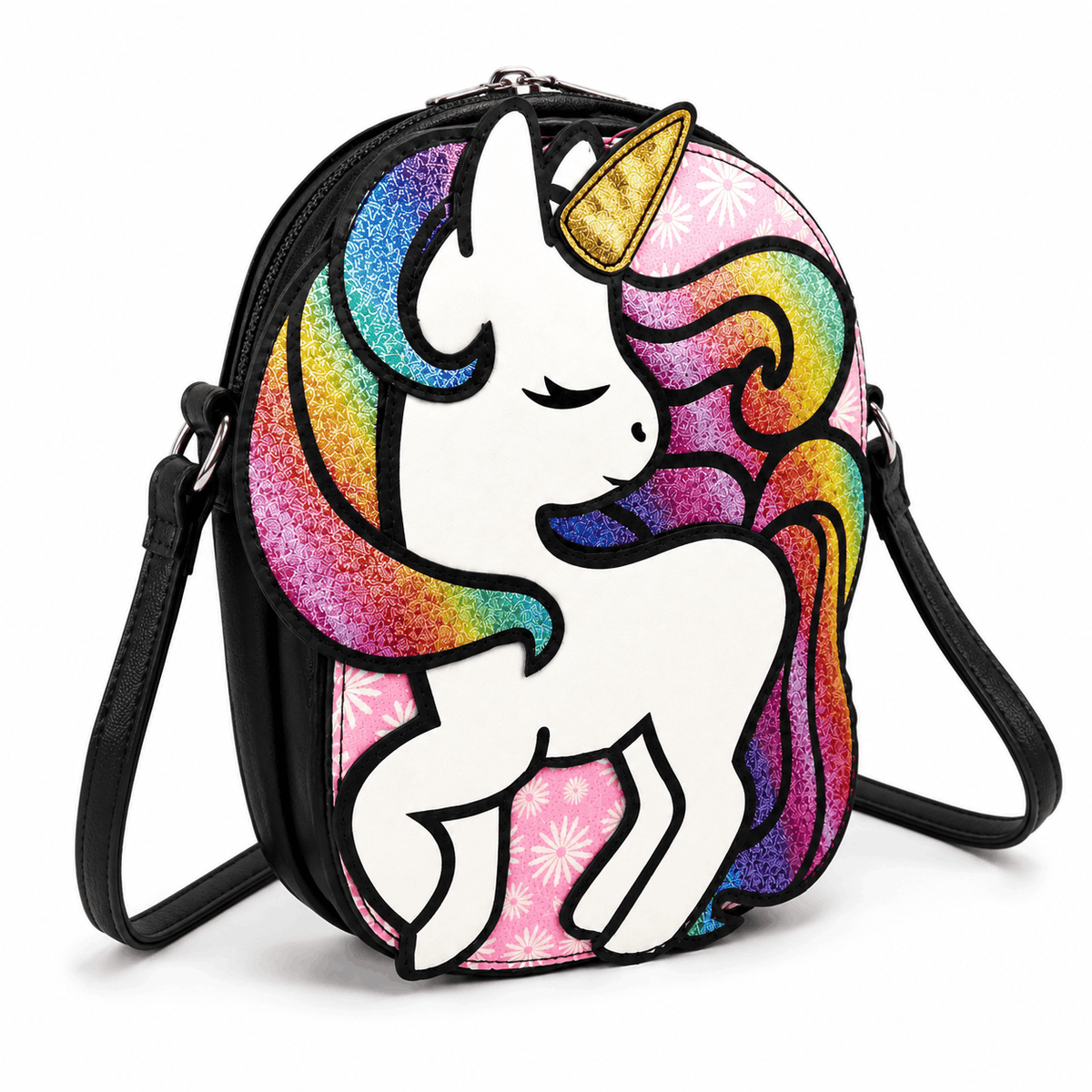 Angled view of the Glitter Unicorn Crossbody Bag showing the rainbow unicorn design and adjustable strap