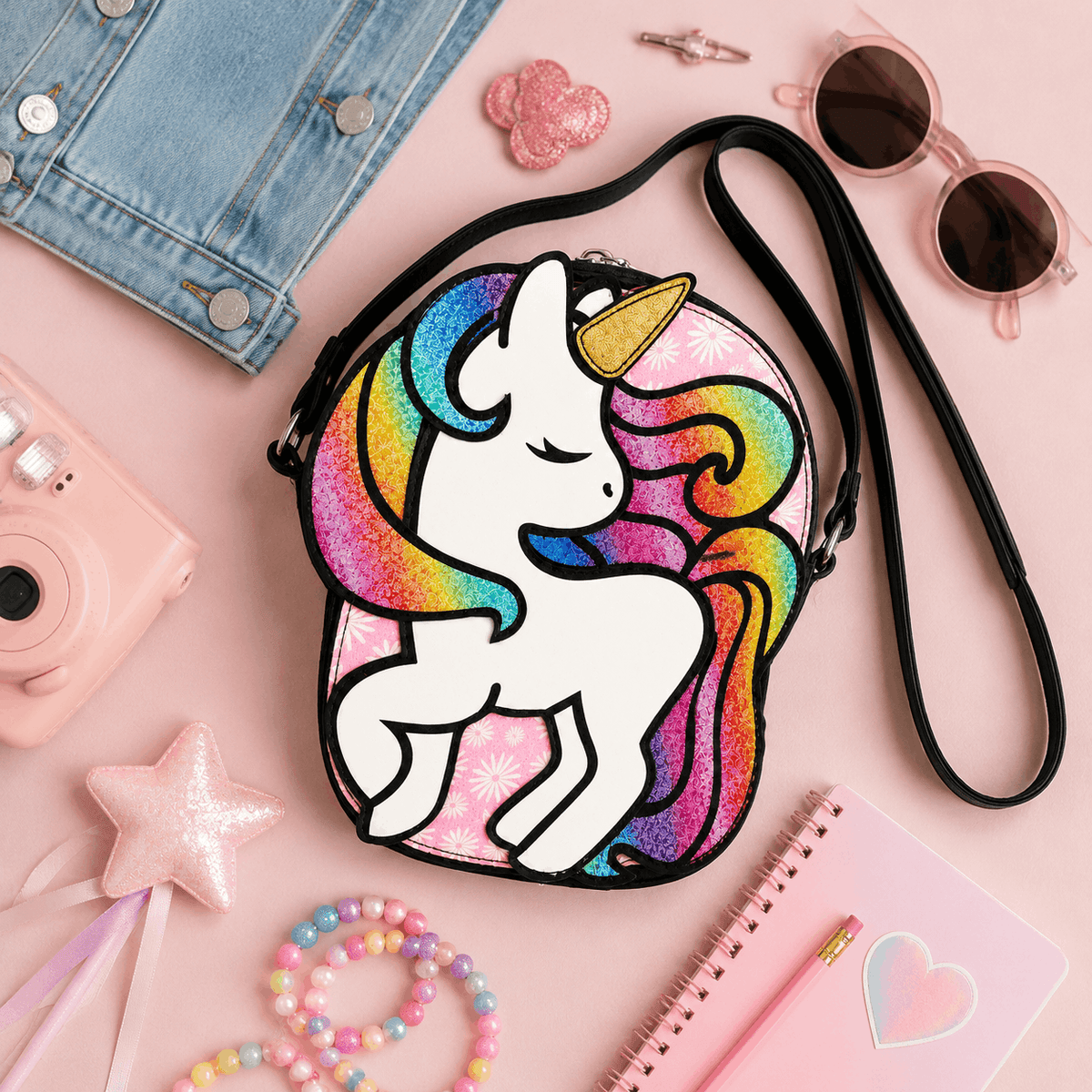 Glitter Unicorn Crossbody Bag displayed in a colorful flat lay with kids' accessories