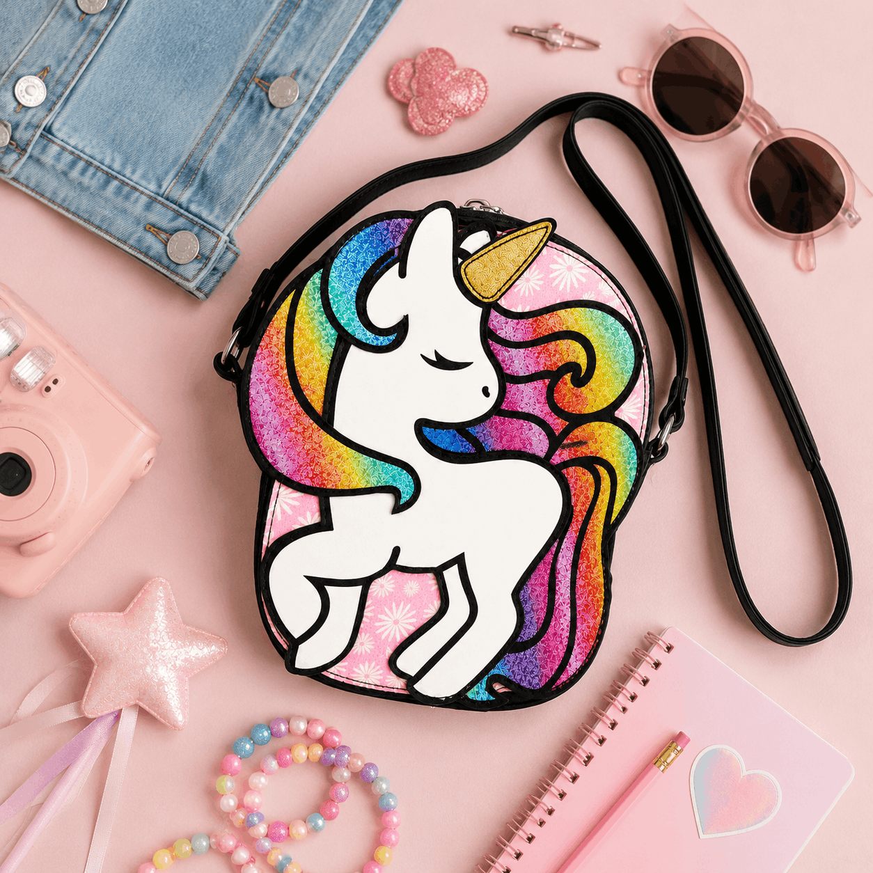 Glitter Unicorn Crossbody Bag displayed in a colorful flat lay with kids' accessories