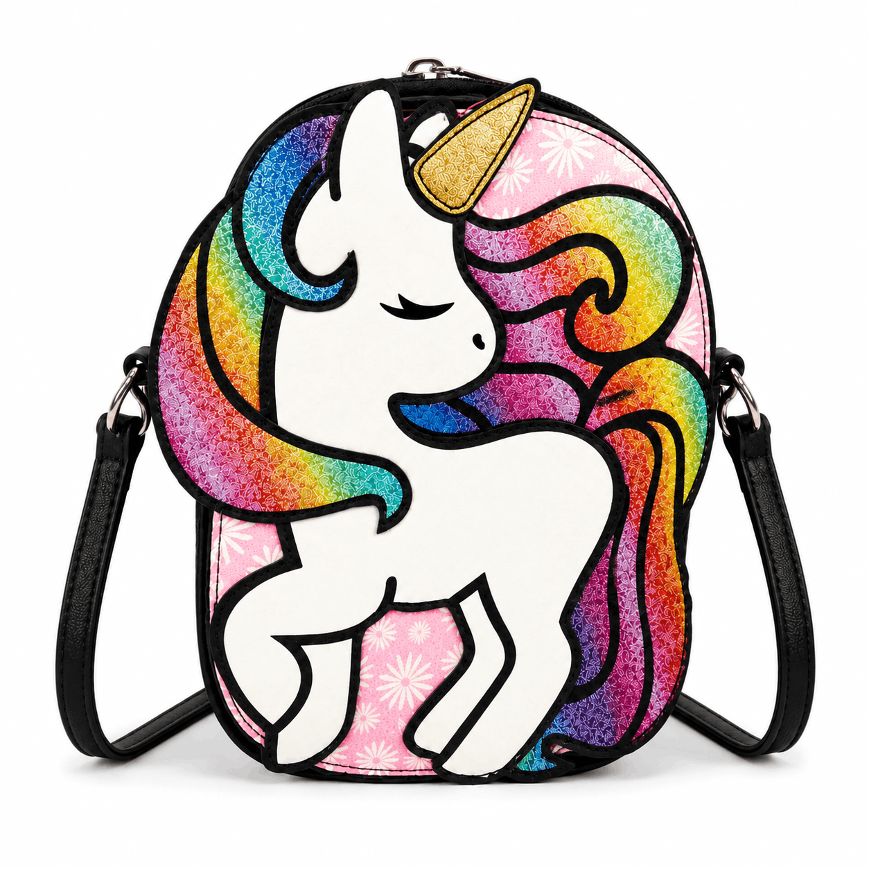Glitter Unicorn Crossbody Bag with rainbow glitter unicorn design on a white background