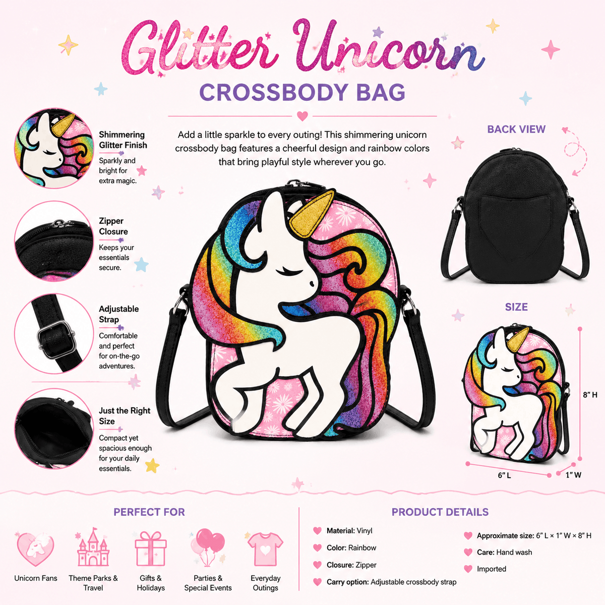 Infographic highlighting the Glitter Unicorn Crossbody Bag features, dimensions, adjustable strap, and zipper closure