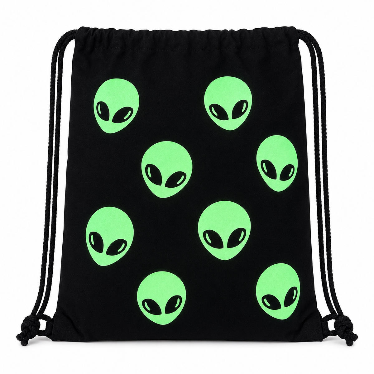 Glow-in-the-dark Alien Drawstring Bag with bright green alien faces on black canvas