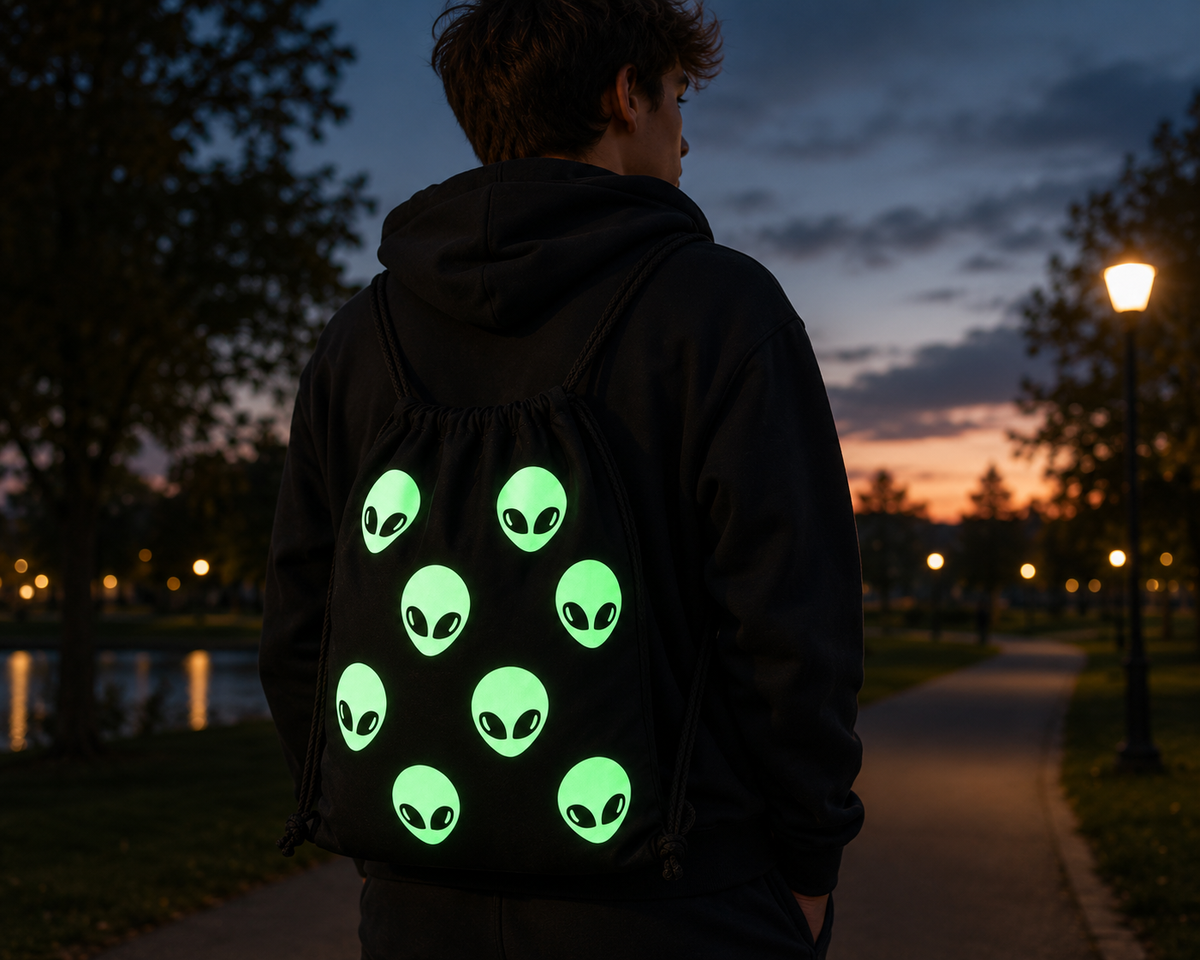 Person wearing the Glow-in-the-Dark Alien Drawstring Bag at dusk with the alien artwork glowing