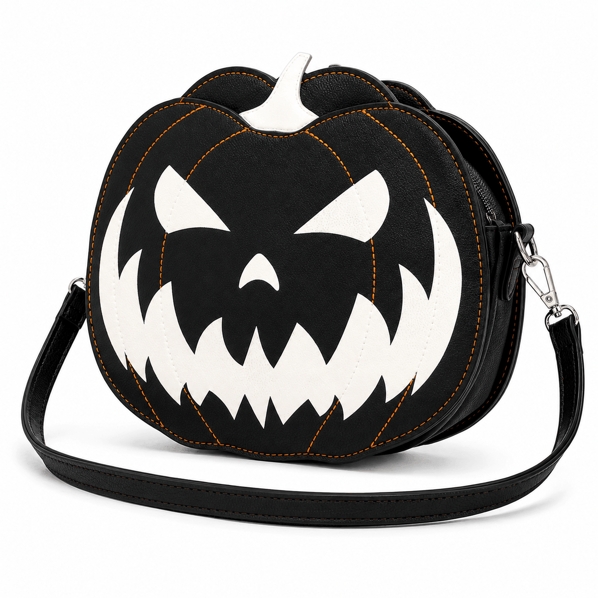 Angled view of a glow-in-the-dark pumpkin crossbody bag with orange contrast stitching