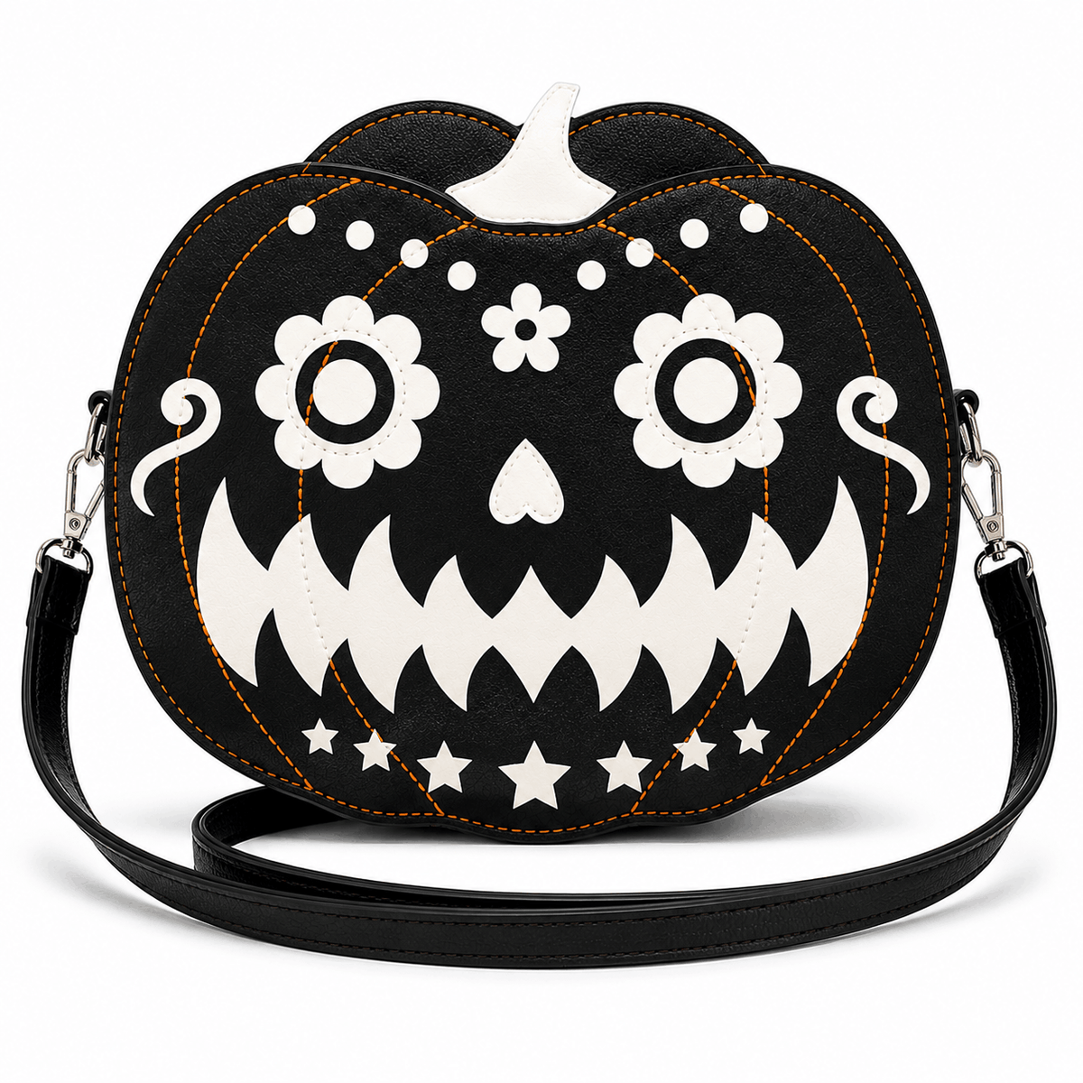 Back view of a glow-in-the-dark pumpkin crossbody bag featuring a sugar skull design