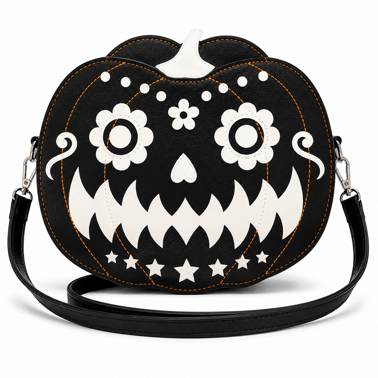 Back view of a glow-in-the-dark pumpkin crossbody bag featuring a sugar skull design