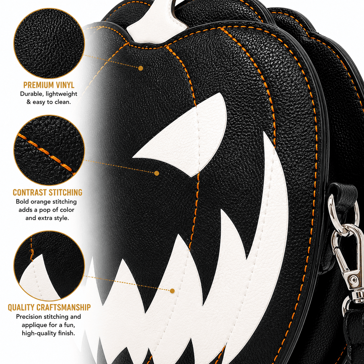 Close-up of the orange contrast stitching and textured vinyl on the glow-in-the-dark pumpkin crossbody bag