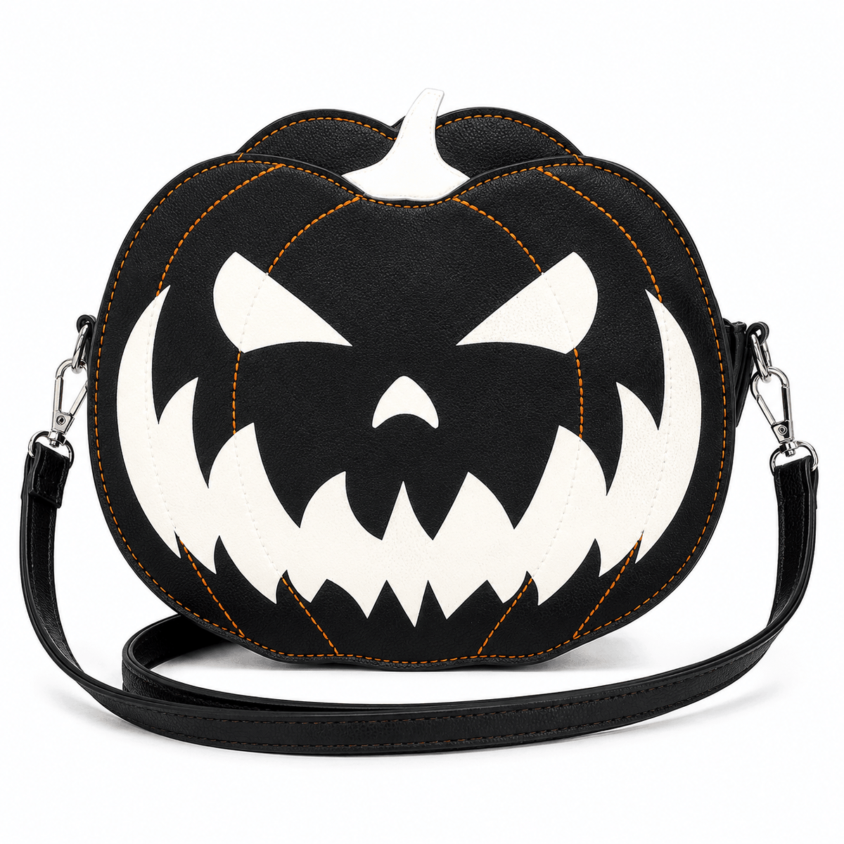 Glow-in-the-dark pumpkin crossbody bag with jack-o'-lantern face on a white background