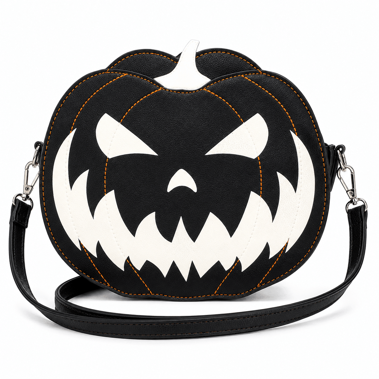 Glow-in-the-dark pumpkin crossbody bag with jack-o'-lantern face on a white background