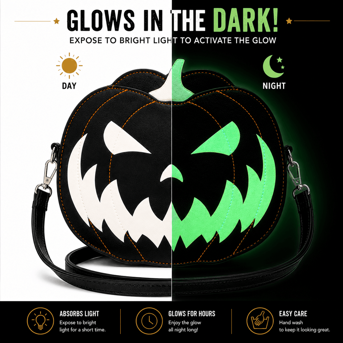 Side-by-side comparison of the pumpkin crossbody bag in normal light and glowing in the dark