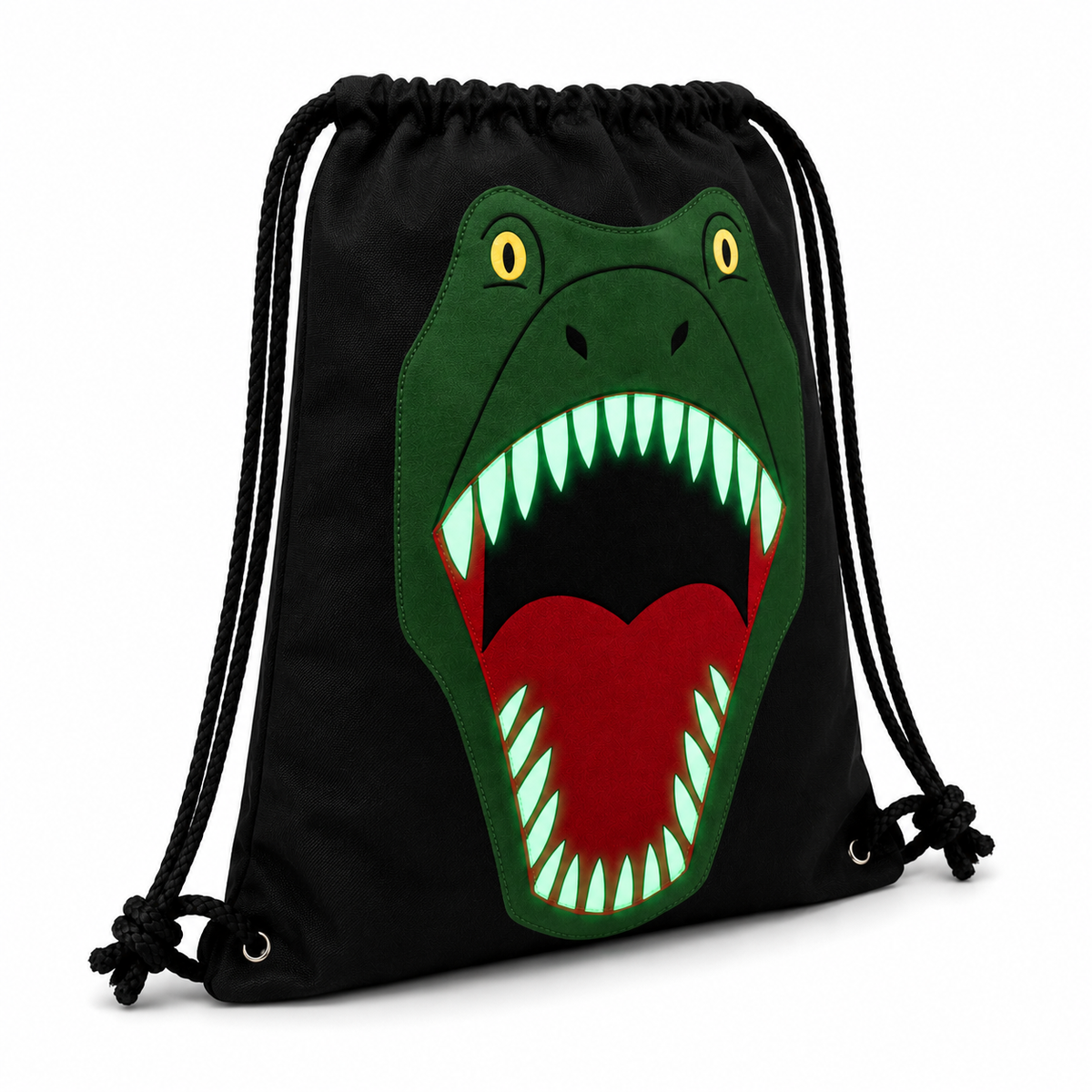 Angled view of the Glow-in-the-Dark T-Rex Drawstring Backpack showing glowing teeth and drawstring straps