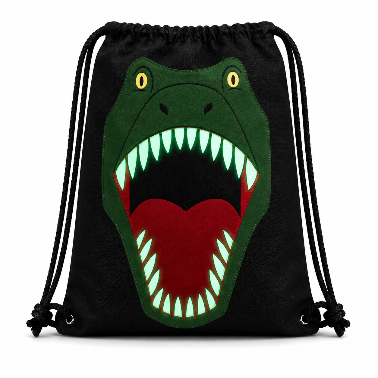 Glow-in-the-Dark T-Rex Drawstring Backpack showing illuminated dinosaur teeth after exposure to light

