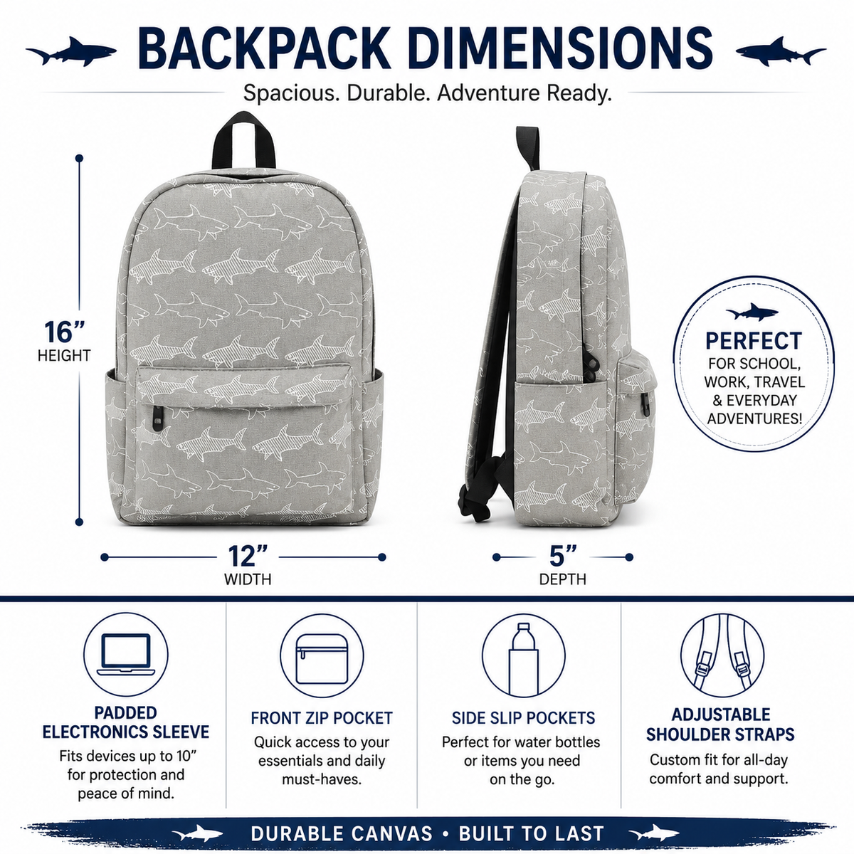 Great White Shark backpack dimensions showing 12 x 5 x 16 inch measurements and key features