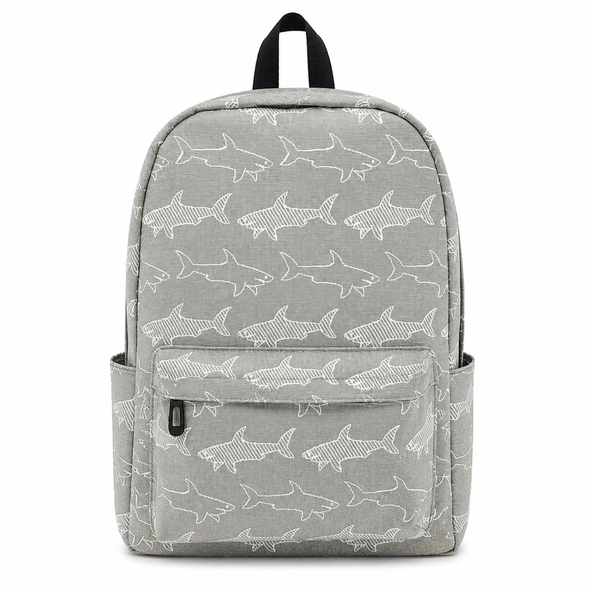 Great White Shark backpack front view with gray shark pattern