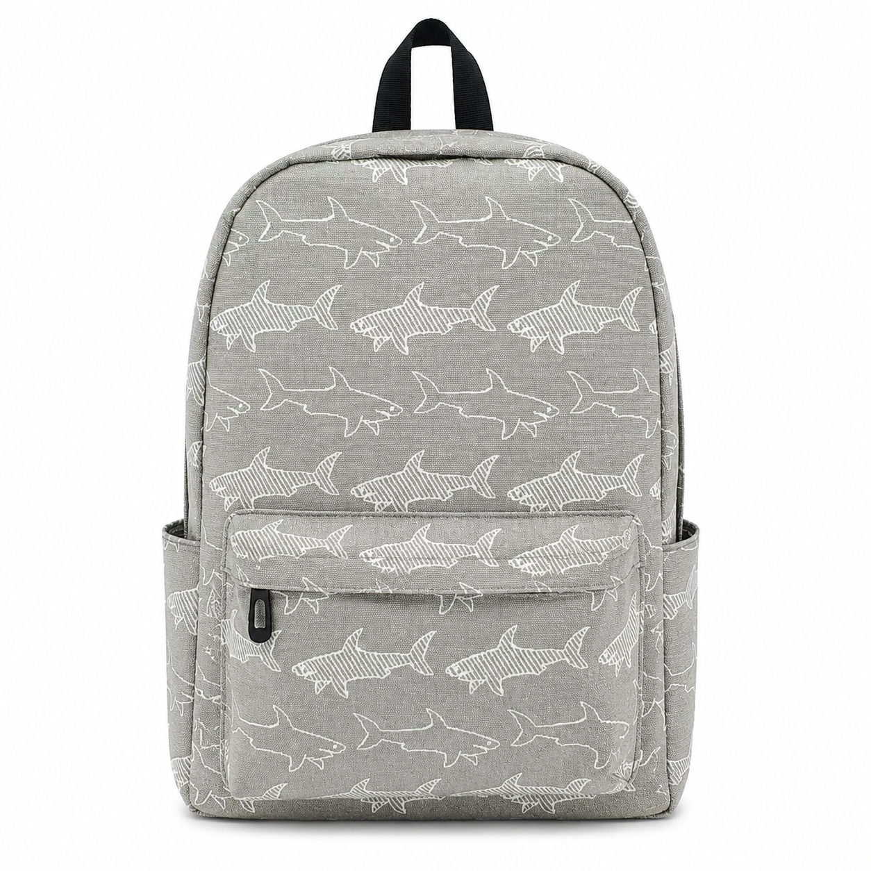 Great White Shark backpack front view with gray shark pattern