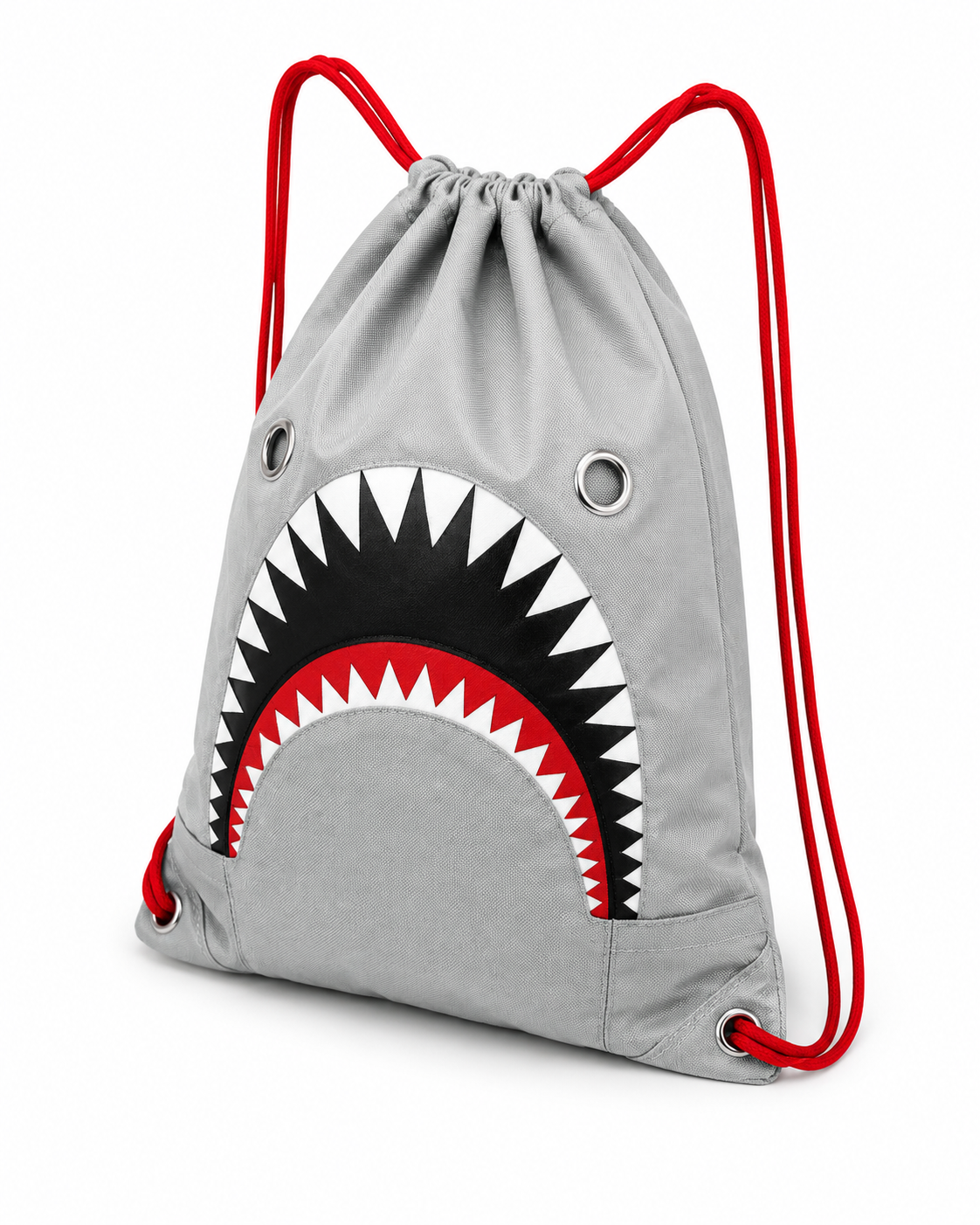 Angled view of the Great White Shark Drawstring Bag showing the shark face design