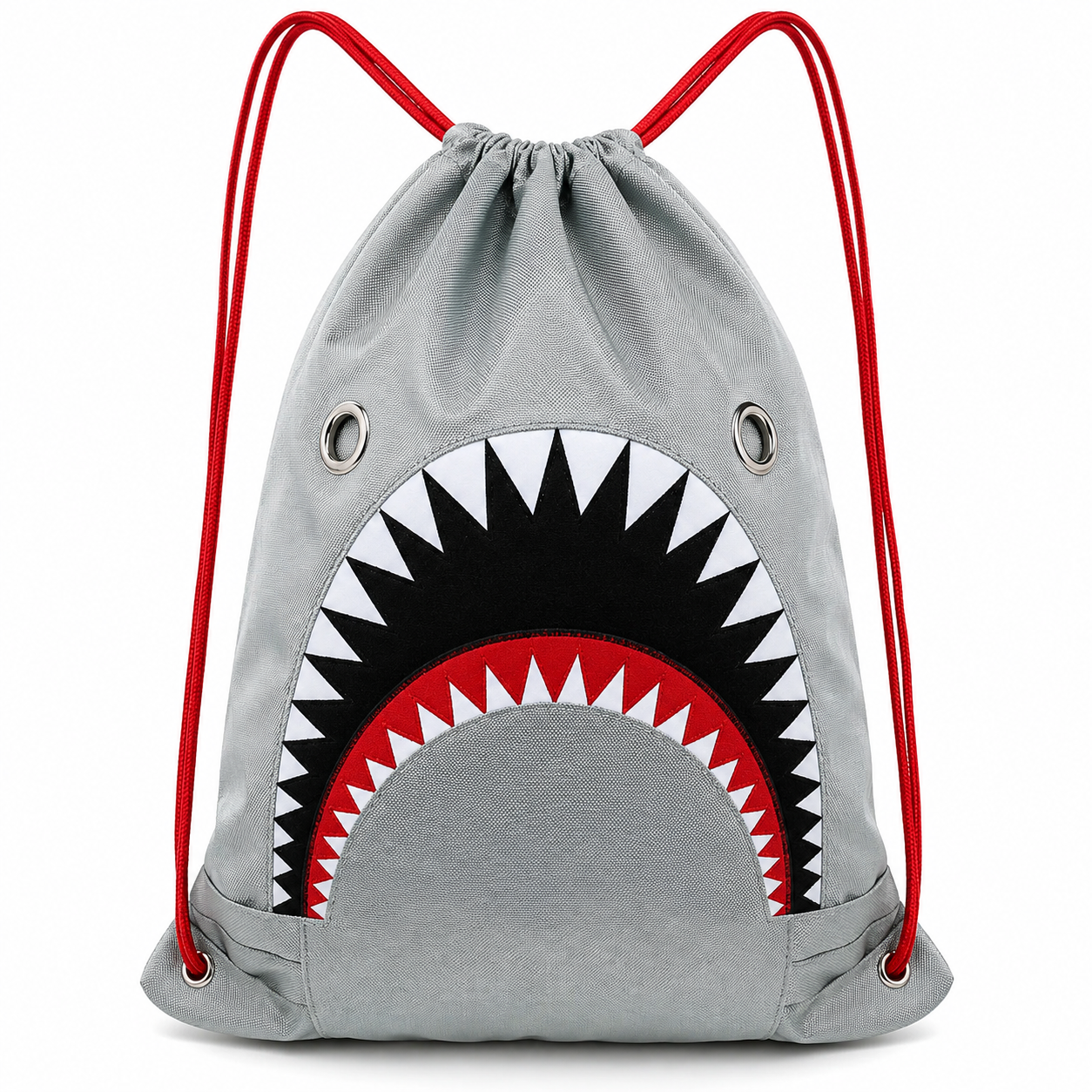 Great White Shark Drawstring Bag with shark face design and red drawstring straps