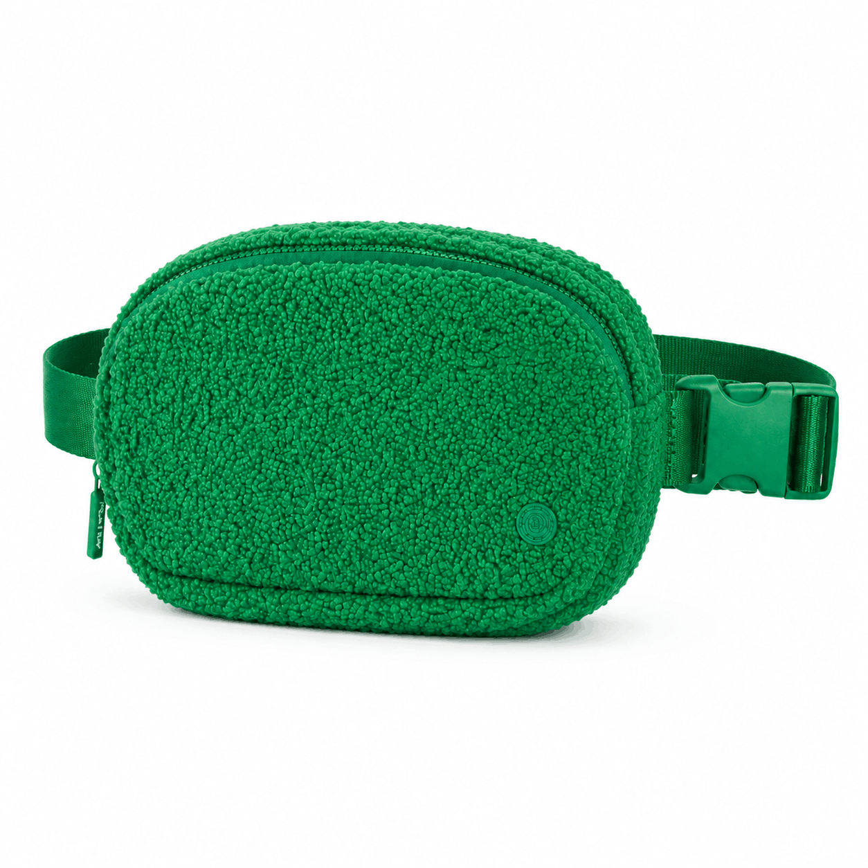 Angled view of the Green Fleece Belt Bag showing its textured exterior