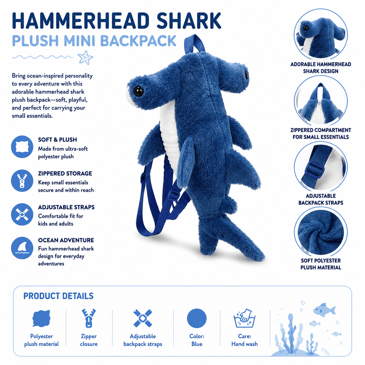 Hammerhead Shark Plush Mini Backpack features infographic showing plush material, adjustable straps, zipper closure, and product details