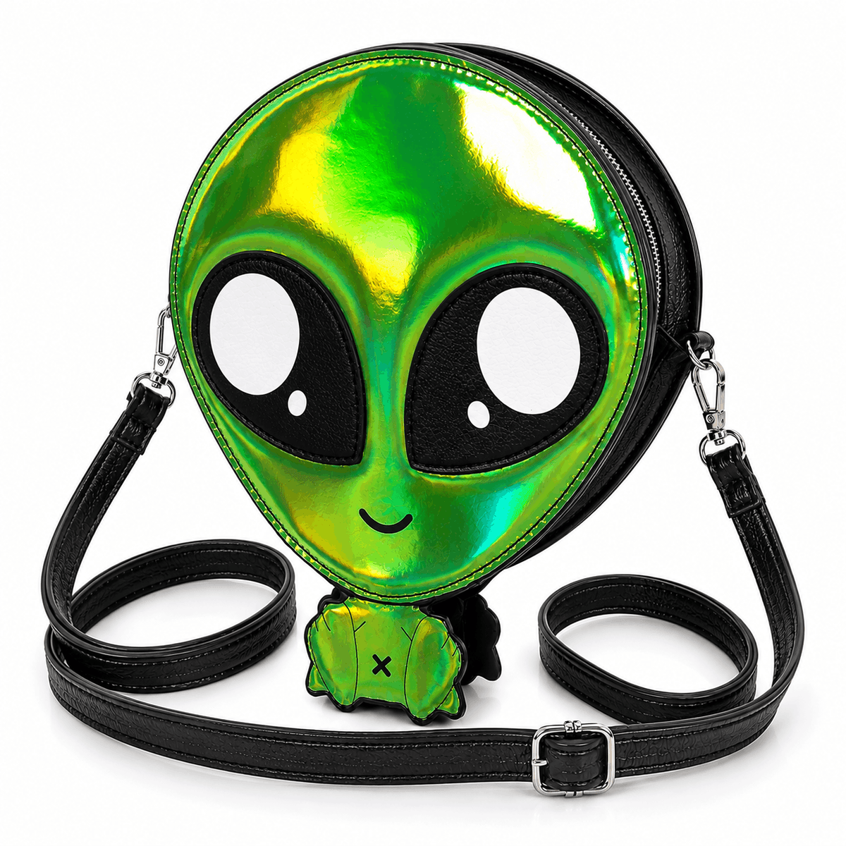 Angled view of a green holographic alien crossbody bag with adjustable shoulder strap