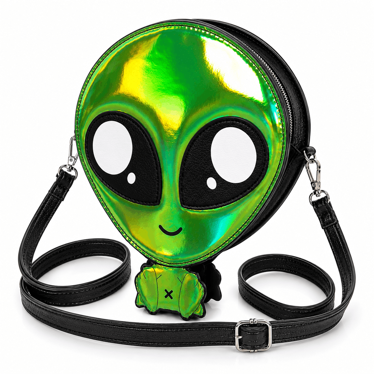 Angled view of a green holographic alien crossbody bag with adjustable shoulder strap