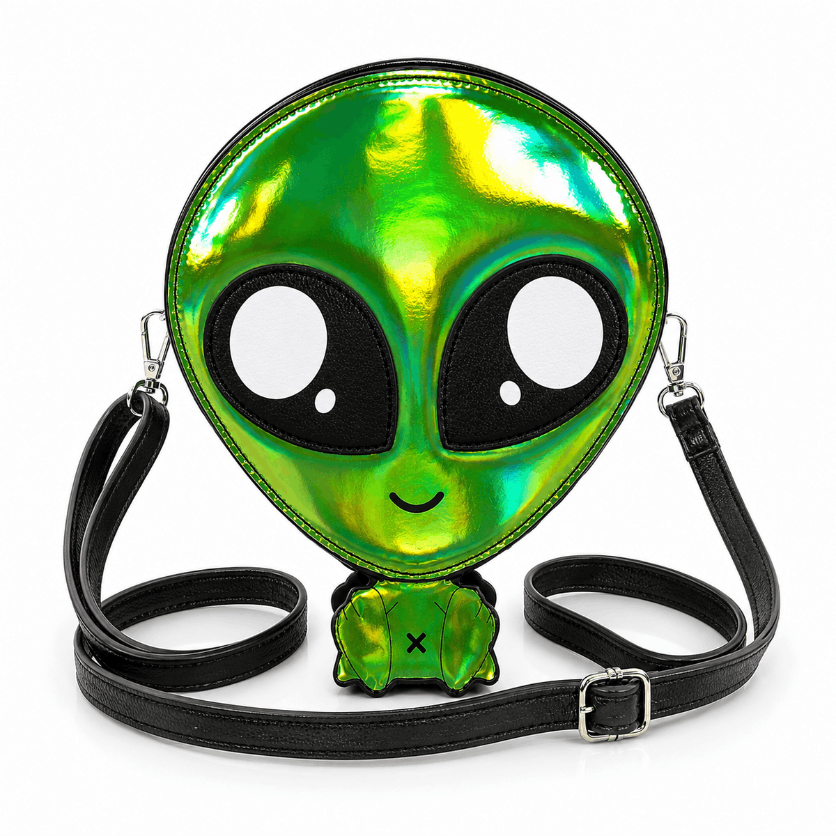 Green holographic alien crossbody bag with detachable black shoulder strap