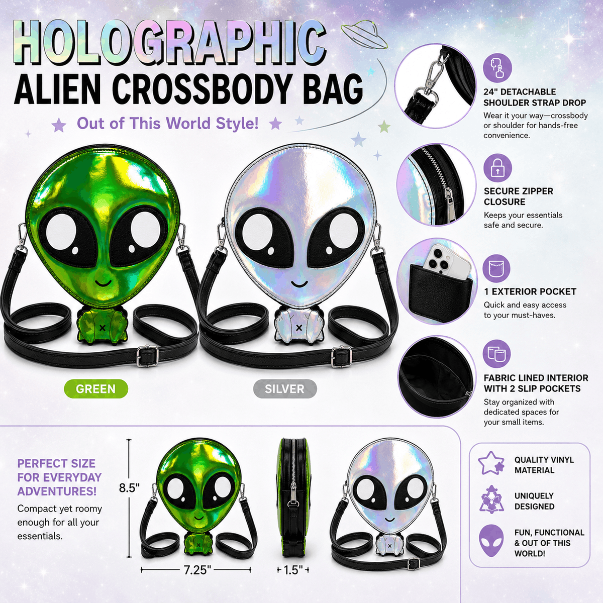 Infographic showing green and silver holographic alien crossbody bags with dimensions, detachable strap, zipper closure, exterior pocket, and interior slip pockets