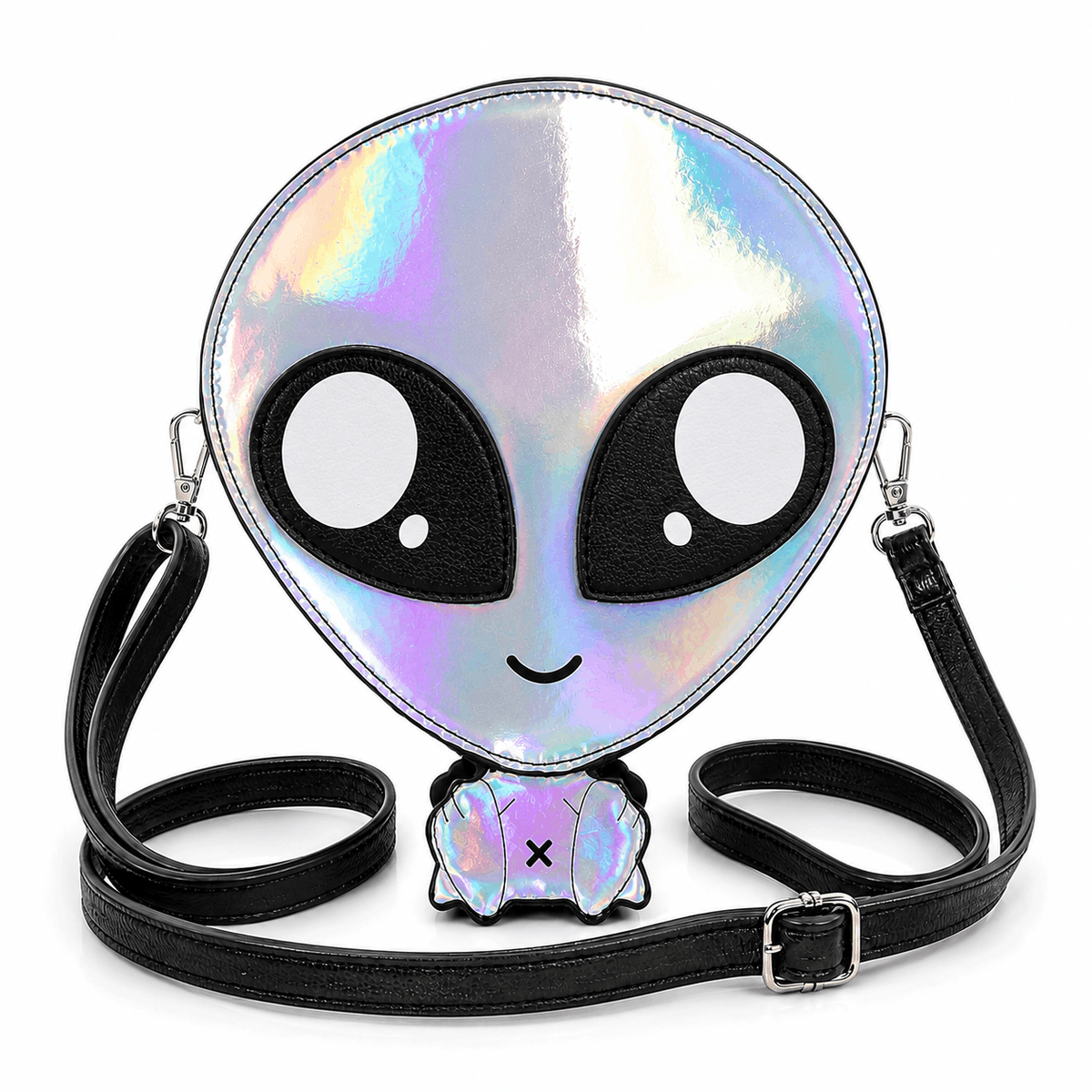 Silver holographic alien crossbody bag with detachable black shoulder strap