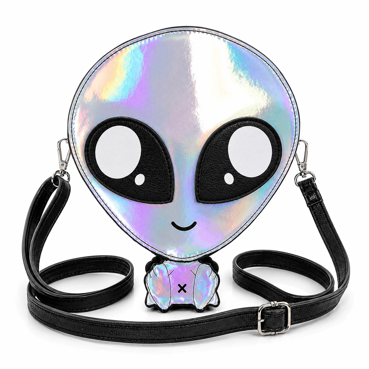 Silver holographic alien crossbody bag with detachable black shoulder strap